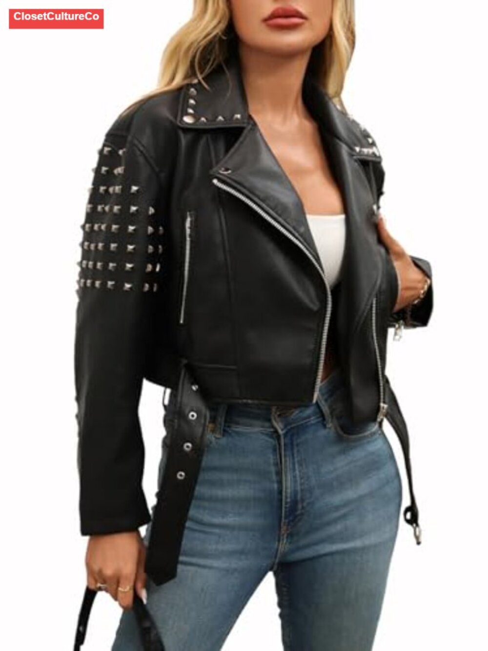 Women Faux Leather Moto Jacket Studded Biker Coat Asymmetrical Zip